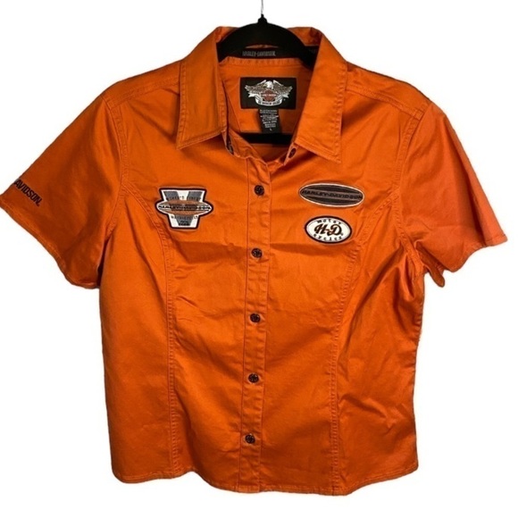 Harley Davidson Orange Women’s Short Sleeve Button Up Shirt with Logos Size M/L - Picture 15 of 15